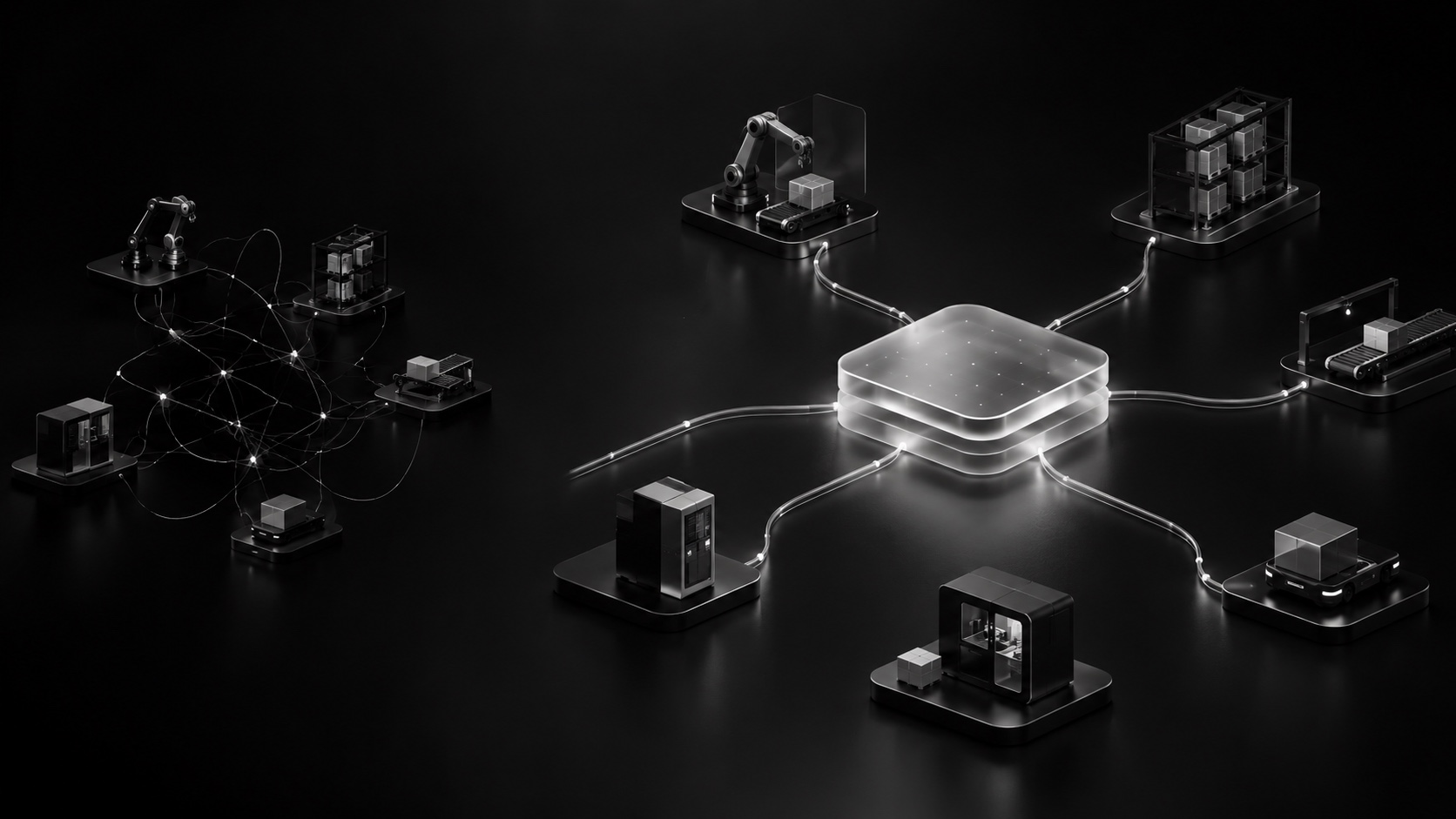 Illustration of robot fleets tangled in direct connections on the left, and the same fleets connected through one central orchestration layer on the right.