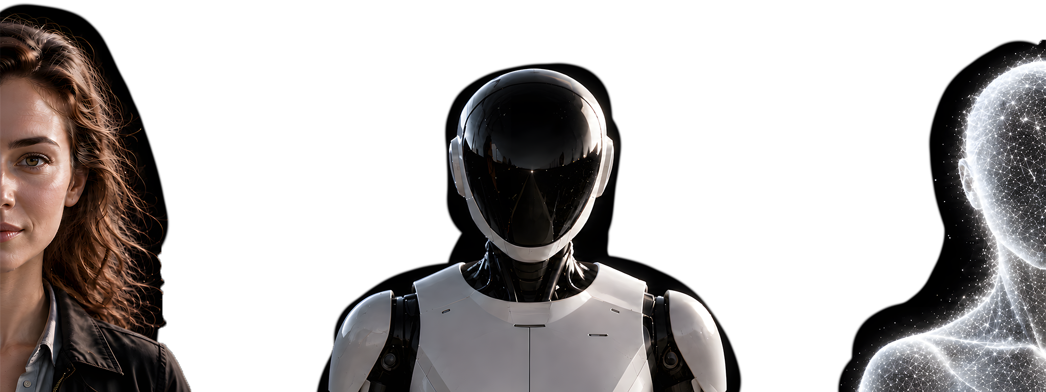 Close-up of a woman, a white humanoid robot and a glowing digital human standing side by side.
